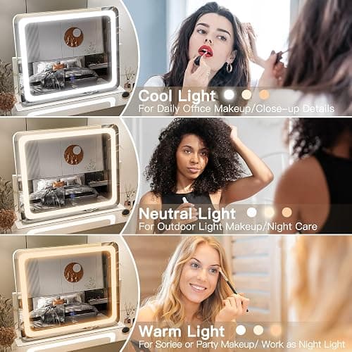 FENNIO Vanity Mirror with Lights 22''x17'' Makeup Mirror with Lights,Vanity Mirror Touch Screen with 3-Color Lighting,Dimmable,for Vanity Desk Tabletop - White - 22"L x 17"W thumbnail 3