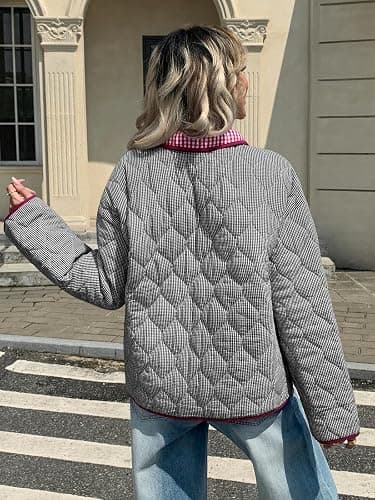 Tankaneo Womens Cropped Quilted Jackets Plaid Lightweight Full Zip Up Jacket Puffer Padded Coat with Pockets thumbnail 3