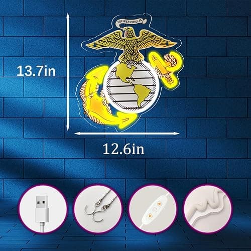 WittyRhE Marine Corp Neon Lights Veteran Neon Signs Wall Decor for Man Cave Bedroom Bar Military Themed Gift Art for Christmas Party-13.66×12.6 IN-USB Powered-Acrylic thumbnail 2