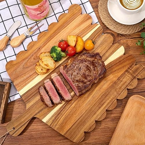 Wood Scalloped Cutting Boards Set, Decorative Wooden Charcuterie Boards with Handle for Cheese Pizza Meat Fruit Bread Baking, Cottagecore Farmhouse Kitchen Serving Trays Decor thumbnail 2
