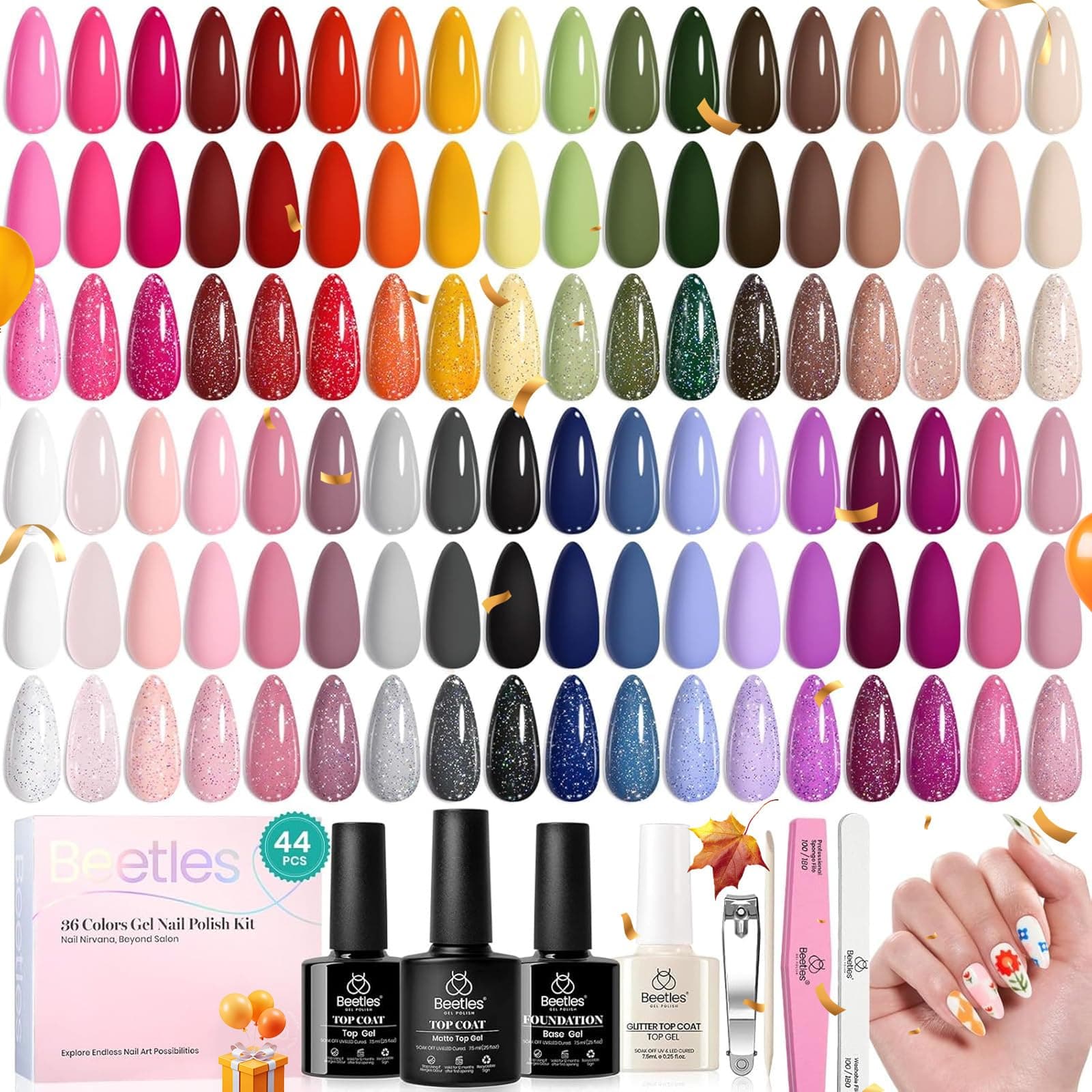 beetles Gel Polish 44 PCS Gel Nail Polish Set-36 Colors Gel Polish Set Base Coat Glossy Matte & Glitter Top Coat Colorful Muse Collection Nude White Pink Red Blue Gel Gifts for Women Summer thumbnail 8