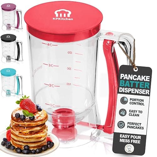 Pancake Batter Dispenser - Kitchen Must Have Tool for Perfect Pancakes, Cupcake, Waffle, Muffin Mix, Cake & Crepe - Easy Pour Baking Supplies for Griddle - Pancake Maker with Measuring Label (Red) - Image 1