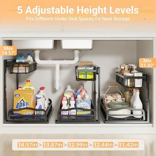AceMining Under Sink Organizer, 2 Pack Pull-Out Under Cabinet Organizer, 2 Tier Under Sink Storage with Sliding Basket, L-Shaped and Adjustable Height Design for Kitchen and Bathroom thumbnail 6