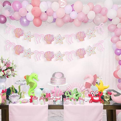 Oudain 2 Pack Pink Bow Seashell Garland for Girl 6.56 ft Pink Mermaid Seashell Party Coquette Ocean Coastal Beach Under The Sea Paper Bow Hanging Banner for Baby Shower Wedding Summer Birthday thumbnail 4
