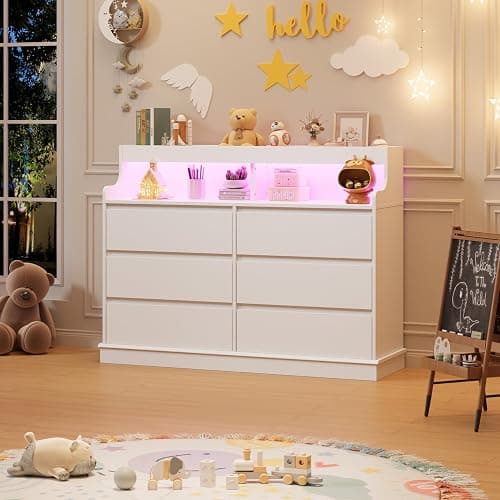 Dresser for Bedroom, 6 Drawer Dresser with LED Lights and Charging Station, Wide Chest of 6 Drawers with Open Space, Modern Large Capacity Storage Cabinet, Living Room, Hallway, White - White thumbnail 6