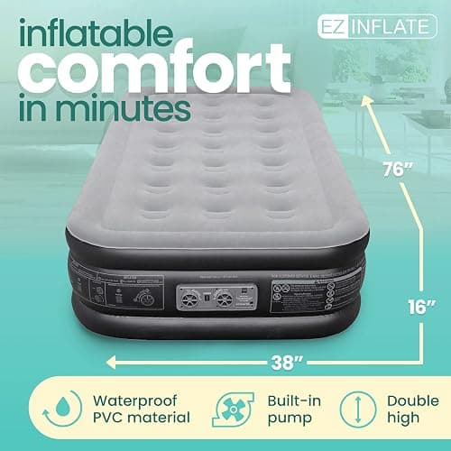 EZ INFLATE Air Mattress with Built in Pump - Twin Size Double-High Inflatable Mattress with Flocked Top - Easy Inflate, Waterproof, Portable Blow Up Bed for Camping & Travel thumbnail 2