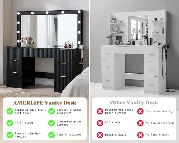 AMERLIFE 47.2" Fluted Vanity Desk with Large Mirror and Adjustable LED Lights, 7 Drawers Large Makeup Vanity Table with Glass Top and Charging Station for Women and Girls, Bedroom or Dorm, Black thumbnail 5
