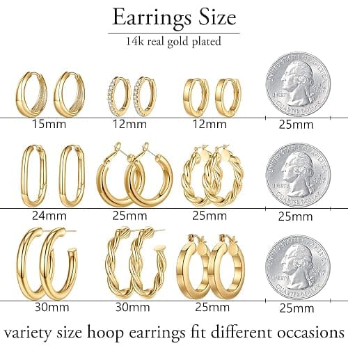 Yesteel 9 Pairs Gold Hoop Earrings for Women, 925 Sterling Silver Post 14K Real Gold Plated Chunky Hoop Earrings Set for Women Hypoallergenic Thick Lightweight Earring for Womens Jewelry Gifts thumbnail 5