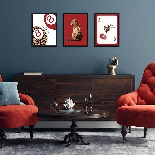 Framed Trendy Leopard Wall Art Set of 3, Red Funky Preppy Cheetah Wall Decor Paintings, Lucky 8 Aesthetic Room Decor Prints Pictures for Girls Bedroom Apartment Dorm 12x16 Inch Black Frame thumbnail 7