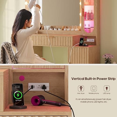 BTHFST Fluted Makeup Vanity Desk with Large 31.5" Mirror and Lights, 46.1" Wood Vanity with Charging Station & RGB Lights, Dressing Table with 6 Drawers & Cabinet & Shelves, Oak thumbnail 5