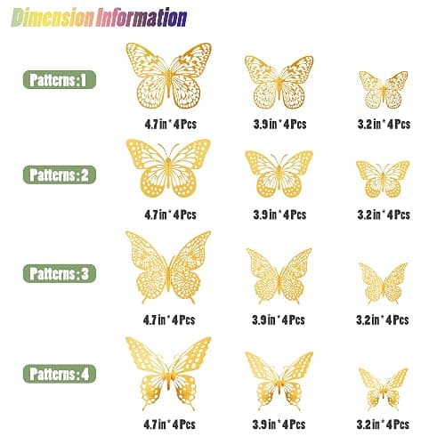 SAOROPEB 3D Butterfly Wall Decor 48 Pcs Gold Butterfly Birthday Decorations | 4 Styles 3 Sizes, for Butterfly Birthday Decorations Butterfly Party Decorations Cake Decorations, Removable Stickers thumbnail 5