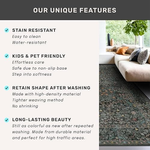 Vintage Dark Green Living Room Rug, 8x10 Washable Area Rugs for Dining Room Under Kitchen Table, Bedroom, Oriental Low Pile Stain Resistant Non-Slip Large Carpet (8x10 Dark Green) thumbnail 7