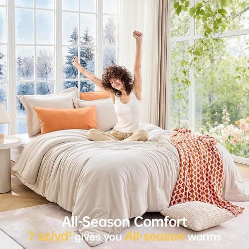 MUXHOMO Beige Full Comforter Sets, All Season Ultra Soft Down Alternative Bedding - 3 Piece Lightweight Bed Set Includes 1 Comforter (82"x86") and 2 Pillow Shams (20"x26") thumbnail 4