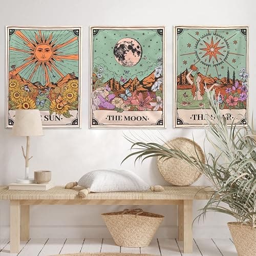 Aipon Tarot Tapestry Cute Tarot Card Tapestries 3 Pack Sun Moon Star Green Floral Flower Small Aesthetic Tapestry Wall Hanging for Bedroom Living Room Dorm (15'' × 20'') thumbnail 2