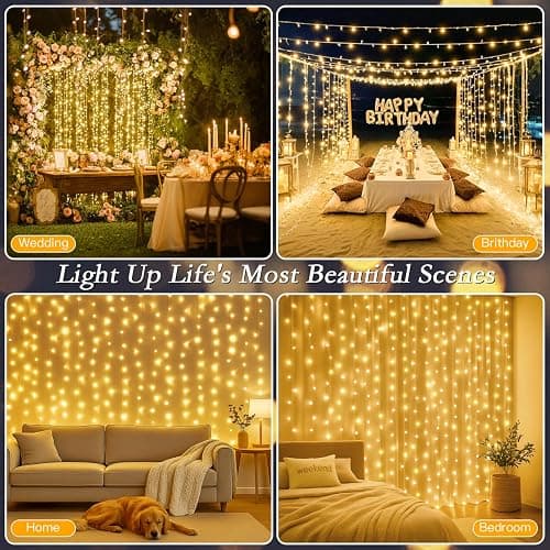 Soagrc 300 LED Warm White Curtain String Lights 9.8x9.8FT, Plug in Fairy Lights with 9 Hooks, Dimmable, Timer & 8 Modes, IP44 Waterproof, Bedroom Wall Wedding Backdrop Christmas Indoor Outdoor Decor thumbnail 3