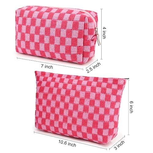 SOIDRAM 2 Pieces Makeup Bag Large Checkered Cosmetic Bag Capacity Canvas Mix Travel Toiletry Bag Organizer Cute Makeup Brushes Aesthetic Accessories Storage Bag for Women, Checkered Mix Rose Red - Rose red thumbnail 3