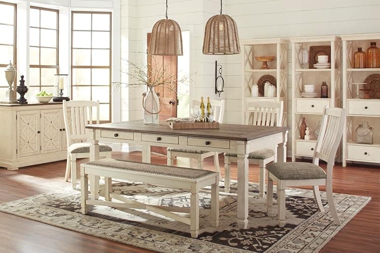 Signature Design by Ashley Bolanburg Casual French Country Upholstered Dining Room Bench with Nailhead Trim, Heavy Woven Fabric, Wood, Antique White & Tan thumbnail 13