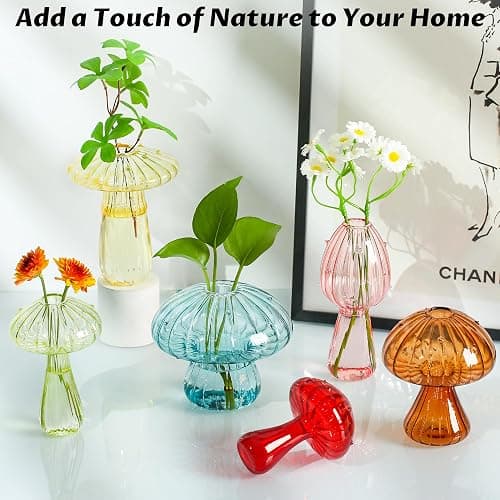 Mushroom Vase, Set of 6 Colored Flower Vase, Propagation Stations Vases, Small Bud Vases Home Decor Cute Glass Mushroom Planter for Room Office Decoration (Colorful) thumbnail 2