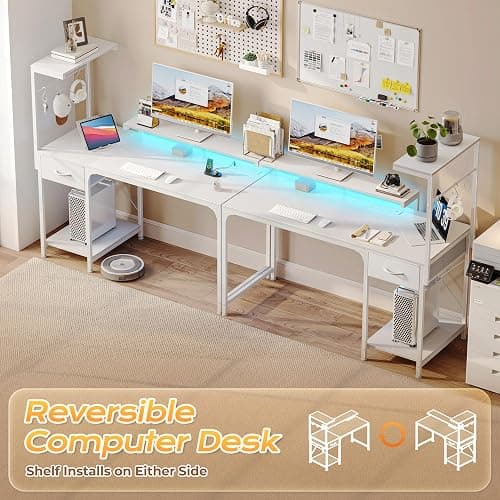 PRAISUN 47.2 Inch Gaming Desk with LED Lights & Power Outlets | Computer Desk with Drawer & Storage Shelves, Office Writing Desk with Monitor Stand for Work from Home, White thumbnail 4