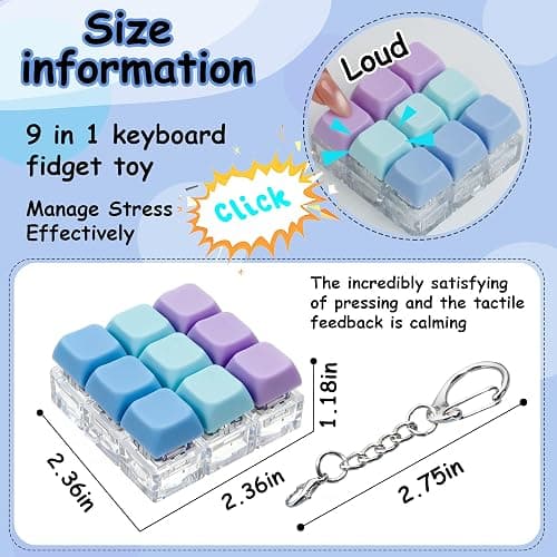 Keyboard Fidget Toy, Keyboard Fidget Keychain 9-in-1 Keyboard Decompression Button Finger Clicker Toys Stress Relief Fidget Gifts (3 Colors- Blue Purple) thumbnail 3