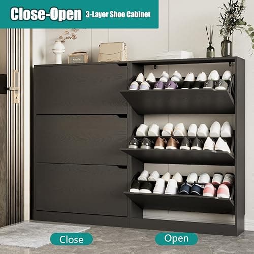 Xixini Shoe Storage Cabinet for Entryway with 3 Flip Drawers, Sturdy Wood Hidden Shoe Storage, Freestanding Narrow Slim Shoe Organizer for Front Door Entrance, Living Room, Hallway, Bedroom, Black thumbnail 3
