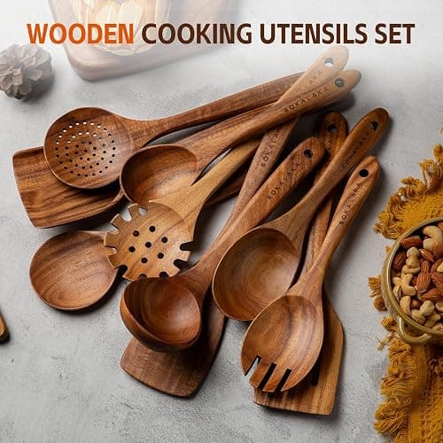 Wooden Spoons for Cooking,10 Pcs Natural Teak Wooden Kitchen Utensils Set Wooden Utensils for Cooking Wooden Cooking Utensils Wooden Spatulas for Cooking (10) thumbnail 7