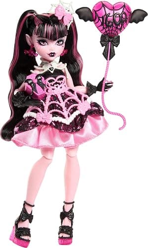 Monster High Scary Sweet Birthday Doll, Draculaura in Pink Party Dress with Themed Accessories Like Invite, Balloon, Gift, Fan and More - Image 1