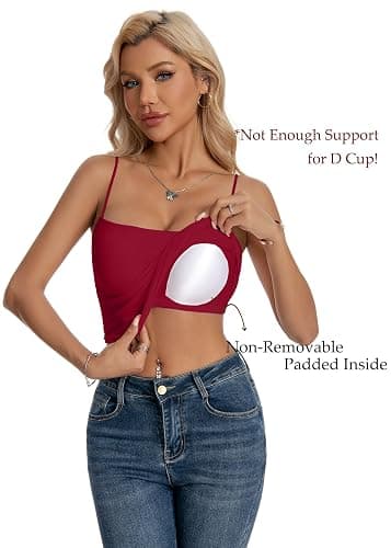 LuneNuelle Women Camisole Tube Tops - Crop Bandeau Tank Built in Bra Spaghetti Strap Y2K Basic Cute Sexy Padded Cami Top thumbnail 3