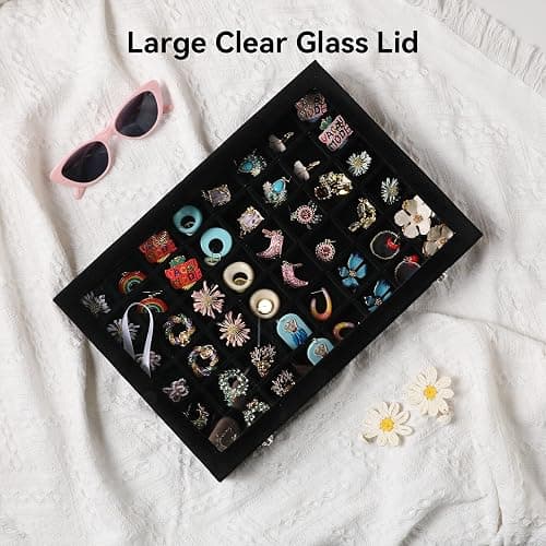 Frebeauty 48 Grid Jewelry Tray,Adjustable Earring Holder Organizer with Glass Lid,Velvet Drawer Jewelry Organizer for Rings,Studs,13.8 x 9.5 x 2 Inches Jewelry Display Box,Gift for Women(Black) thumbnail 7