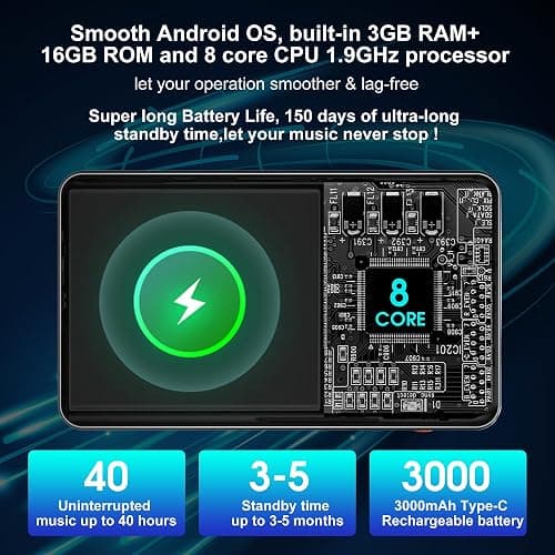 144GB Portable MP3 Player with Bluetooth and WiFi, Ninsiden 4" HD Full-Color Touch Screen MP3 Music Player with Spotify,Amazon Music,Pandora,YouTube,Android Mainstrem Media MP4 Player for Kids,Black thumbnail 6