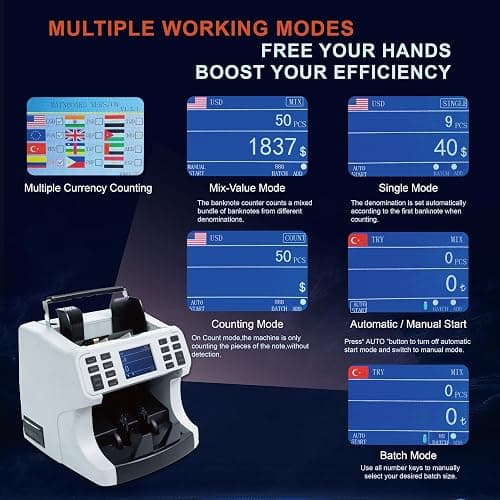 Oukeyer H-8700 Bank Grade Mixed Denomination Money Counter Machine, IMG/WL/UV/MG/IR/DD Counterfeit Detection, Bill Counter, Currecny Cash Counter, 3.5inch TFT Disaplay, Built-in Printer thumbnail 4