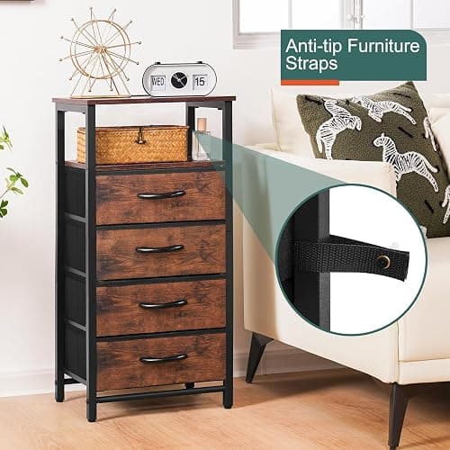 Yoobure Night Stand - LED Rustic Nightstand with Charging Station, Bedside Table with 4 Storage Drawers and Storage Shelf, End Table with USB Ports and Outlets thumbnail 9