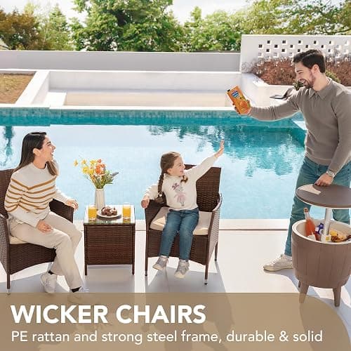 Devoko Patio Porch Furniture Sets 3 Pieces PE Rattan Wicker Chairs with Table Outdoor Garden Furniture Sets (Brown/Beige) thumbnail 3