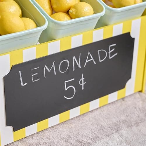 Teamson Kids Wooden Lemonade Stand, Yellow White, Age 3+ | For Toddlers, Pretend Play Grocery Shop, 18 Accessories, Juice Squeezer, Storage Bins thumbnail 4