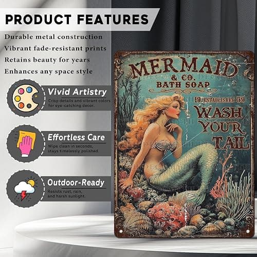 Retro Mermaid Tin Sign Wash Your Tail Vintage Metal Poster Funny Bath Soap Wall Art Toilet Bathroom Man Cave Bar Cafe Indoor Living Room Garage 12 * 16inch thumbnail 4