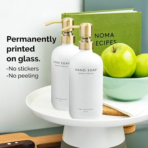 Vine Creations White Glass Soap Dispenser Set, Dish Soap and Hand Soap Dispenser Set with Stainless Steel Pump, 16 oz Glass Dispensers for Kitchen or Bathroom Decor (Matte White Bottle/Brushed Brass) thumbnail 3