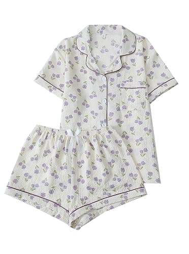Remidoo Women's Floral Pj Set Short Sleeve 2 Piece Button Up Pajamas Sleepwear - X-Small - Flower White - Image 1