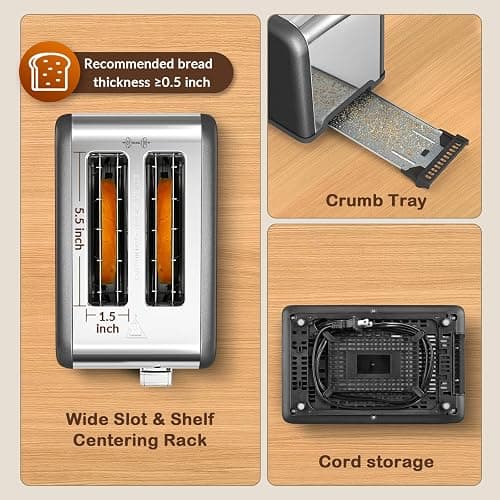 Mecity 2 Slice Touch Screen Toaster, 1.5" Wide Slot, Stainless Steel Smart Toaster for Bagels, Muffins, Waffles, Gluten-Free Breads, Defrost, Reheat, Timer, 120V 825W, Grey Pearl thumbnail 5