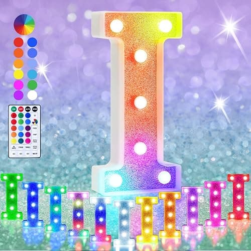 Pooqla Colorful Light Up Letters, Led Marquee Letter Light Sign Battery Powered, 18 Colors Lamp with Remote for Birthday Party Wedding Home Christmas Decoration, Glitter Silver Letter I - Letter I thumbnail 8