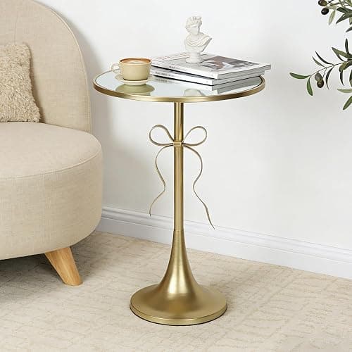 Aoligrace Gold Metal Side Table, Retro Bow Pedestal End Table with Mirror Tabletop, Decorative Martini Drink Table for Small Space, Living Room, Couch, Patio - Image 1