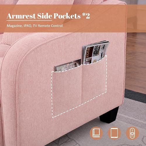 Chaise Lounge Chair Indoor with Storage Ottoman, Comfy Chenille Tufted Loveseat Sofa Chair with Adjustable Backrest, Upholstered Lounge Sofa Chairs with 2 Pillows & Side Pockets for Living Room, Pink thumbnail 5
