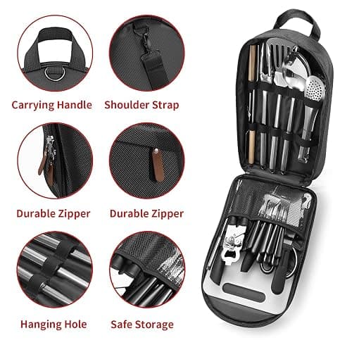 Portable Camping Kitchen Utensil Set-27 Piece Cookware Kit, Stainless Steel Outdoor Cooking and Grilling Utensil Organizer Travel Set Perfect for Travel, Picnics, RVs, Camping, BBQs, Parties and More thumbnail 2