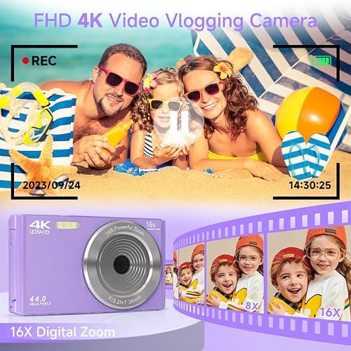 Digital Camera for Teens, FHD 4K 44MP Digital Camera Purple with 64GB SD Card 16X Digital Zoom, Cameras for Photography Compact Point and Shoot Camera for Teen Boys Girls Kids Camera Digital Purple thumbnail 3