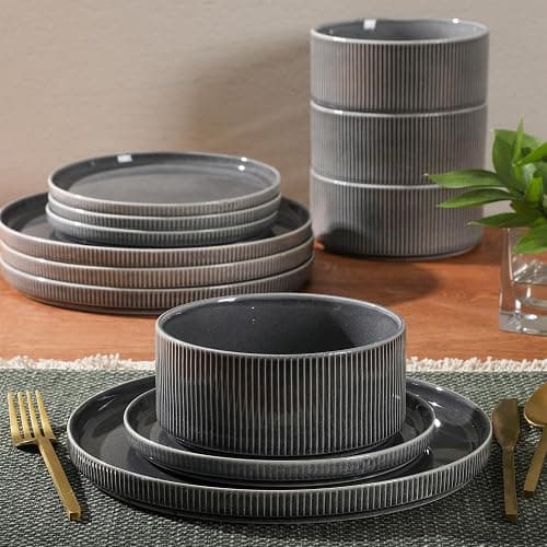 Gibson Elite Solana Coast 12 Piece Stoneware Reactive Glaze (Service for 4) Ceramic Plates and Bowls Modern Shape Embossed Dinnerware Set - Black thumbnail 6