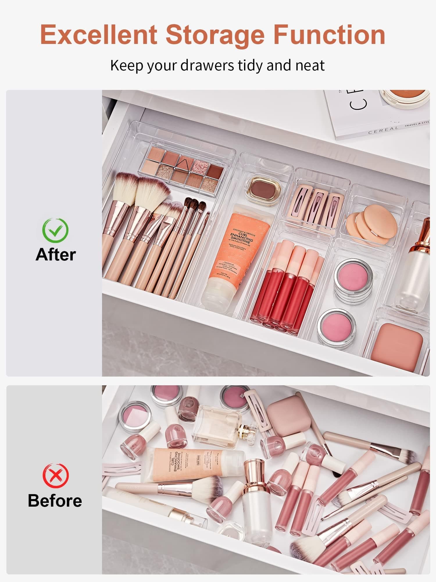 Feshory 20 Pack Makeup Organisers Bin with Non-Slip Silicone Pads for Vanity, Clear Desk Drawer Organiser, Make up Trays for Cosmetics, Bathroom,Office, Home Storage & Organisation thumbnail 4