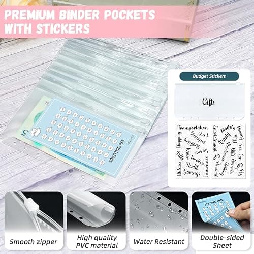 2 in 1 Budget Planner, A6 Money Saving Wallet with 7 Savings Challenge Trackers, Budget Binder with 12 Cash Envelopes and 12 Expense Sheets, Cash Stuffing Money Organiser Book for Travel Diary, Pink thumbnail 5