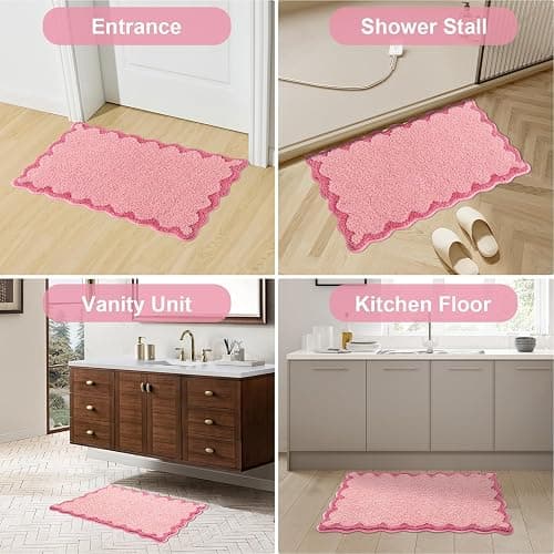 ORTIGIA Small Pink Scalloped Bath Mat, Cute Plush Microfiber Scallop Bathroom Rugs Non Slip Washable Quick Dry Absorbent, Bathmat Carpet for Shower Stall Vanities Kitchen Floor Entrance, 17x24 thumbnail 8
