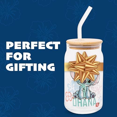 Silver Buffalo Disney Lilo and Stitch Ohana Floral Glass Jar Tumbler with Bamboo Lid and Glass Straw, 16 Ounces thumbnail 9