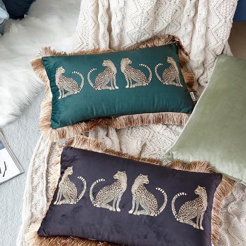 XSlive Lumbar Decorative Throw Pillow Cover with Tassels Leopard Pattern Cushion Cover Luxury Style Soft Velvet Pillowcase for Sofa Couch Bedroom (12"x20",Black) thumbnail 2