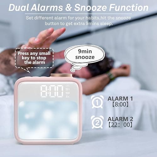 AIRIVO Alarm Clock Night Lights, Rechargeable Alarm Clock for Bedrooms, 6 Scenes & White Noise Sync, Dual Alarms & Snooze, for Heavy Sleepers, Gifts for Kids Teens (Pink) thumbnail 4
